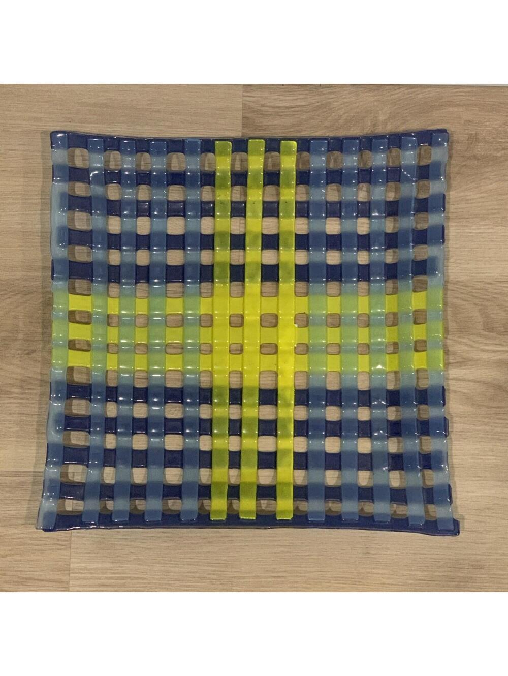 Square Blue/Yellow Basket Weave Style Fused Art Glass Centerpiece Plate 14” Rare